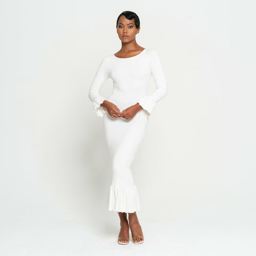 MARJORIE Bamboo Ruffle Dress In Off-white