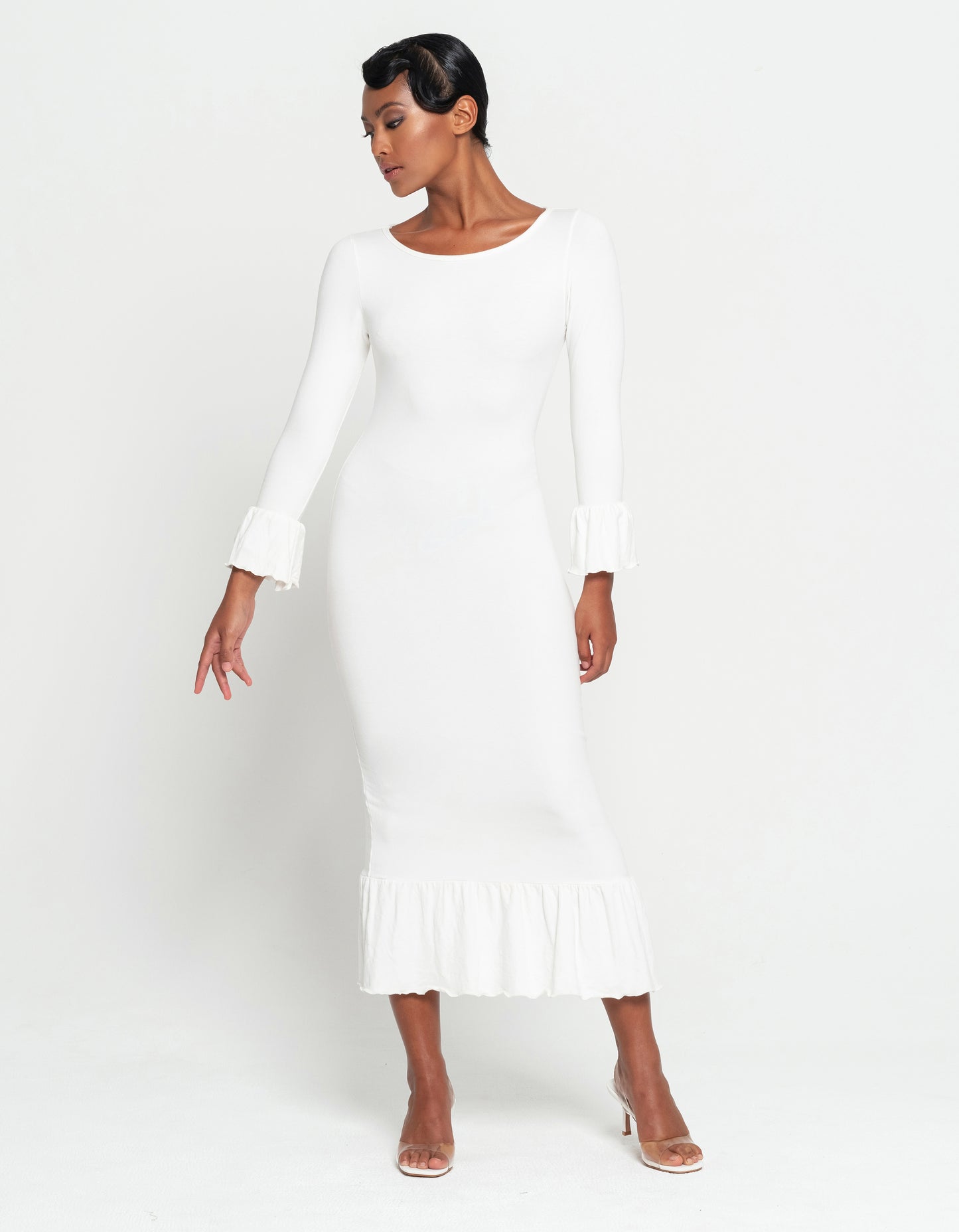 MARJORIE Bamboo Ruffle Dress In Off-white