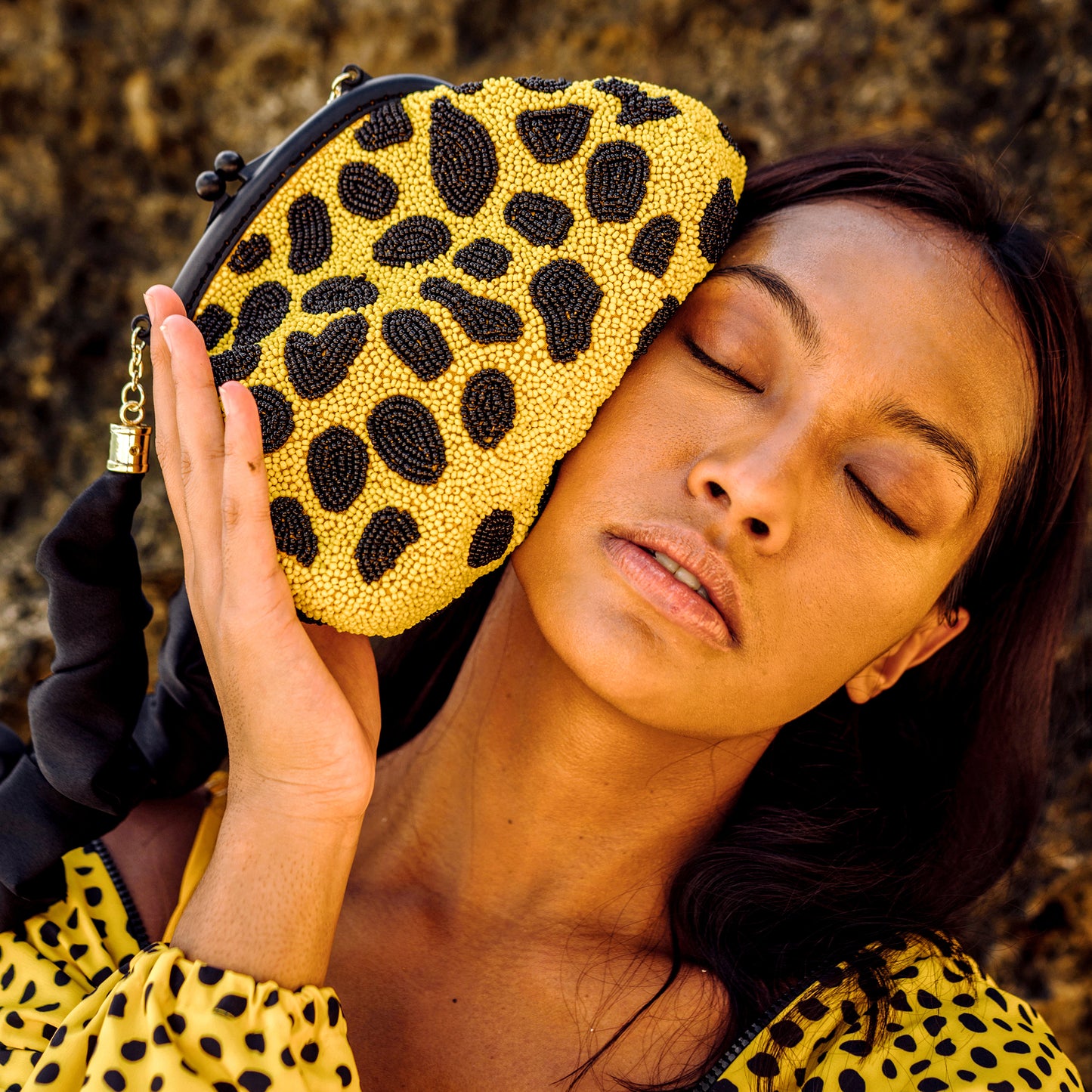 Aenoldi Venom hand-beaded Clutch, in Black & Yellow
